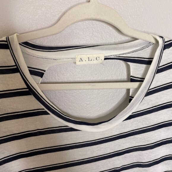 A.L.C. Short Sleeve Tee Size Medium Navy Blue and White Stripe Cutout Back Sz M - Picture 3 of 7
